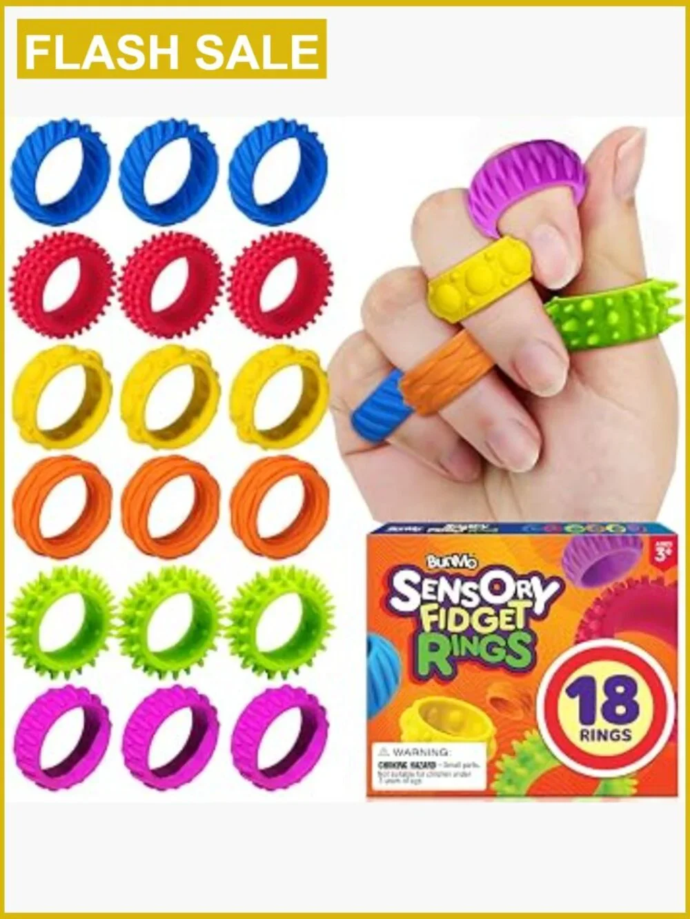 18 Pack Fidget Rings Sensory Toy Set with 6 Textures for Kids
